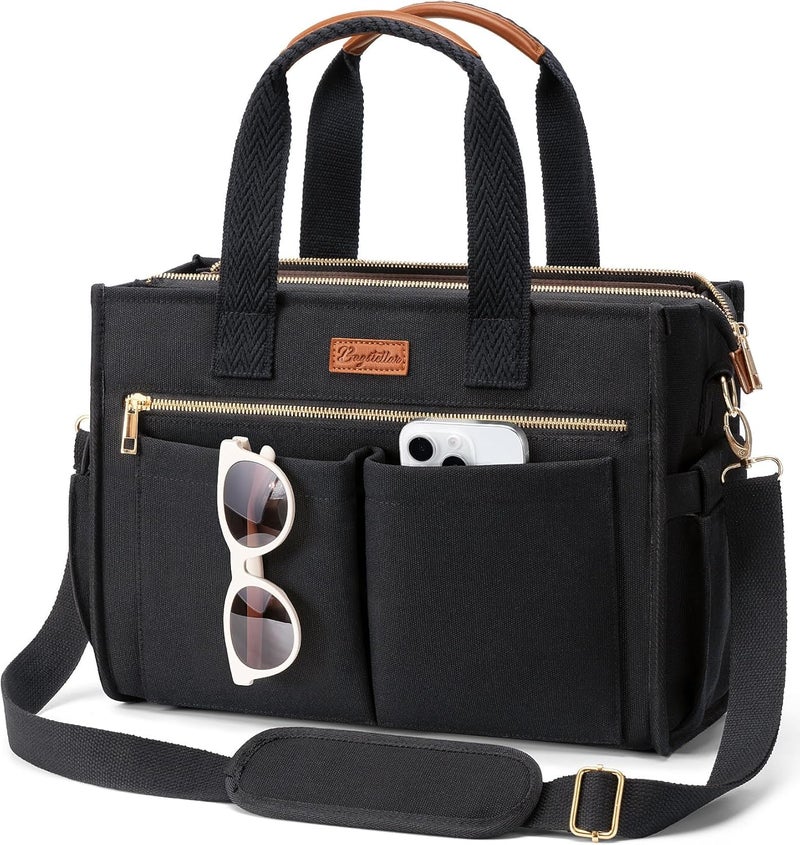 Bagstellar Canvas Tote Bag for Women, 15-Pockets Work Laptop Tote Purse Large Crossbody Nurse Teacher Bible Bag for School Travel Daily | Lightweight Canvas, Computer Laptop Bag, Two Size, Daily Bag, College Shoulder Bag, Travel Luggage Strap, Spacious, Top Zipper - Image 1